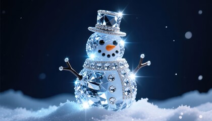 Sparkling crystal snowman with top hat and twinkling lights in snowy winter night