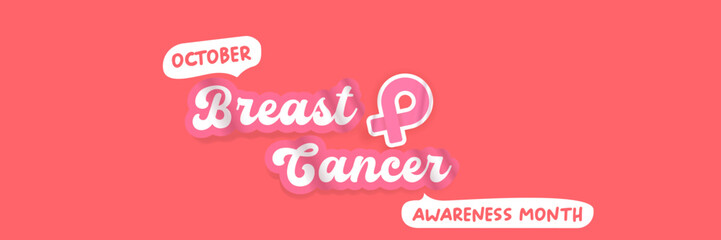 Breast cancer awareness month concept horizontal banner design template with pink ribbon and text isolated on pink background. October is Breast cancer awareness month vector flyer, banner, poster
