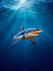Naklejka premium A majestic blue shark glides through the deep blue ocean waters, sunlight streaming down from the surface, creating a dynamic and captivating underwater scene.