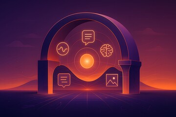Futuristic digital illustration of glowing archway with neon orange and purple icons depicting communication brain waves and images for technology concept presentation visuals