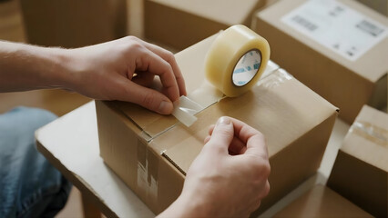 Careful package sealing with tape for secure shipping delivery