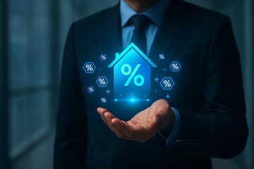 Real Estate Mortgage Interest Rates – Businessman Presenting Digital House Icon with Percentage Symbol for Finance and Investment