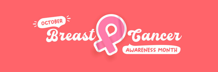 Breast cancer awareness month concept horizontal banner design template with pink ribbon and text isolated on pink background. October is Breast cancer awareness month vector flyer, banner, poster