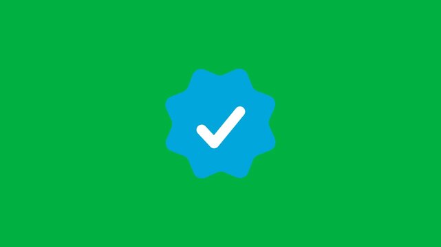Smooth animation motion of a verified social media account badge. A blue checkmark icon with a white tick isolated on a green screen. telegram