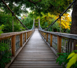 Fototapeta premium A serene wooden suspension bridge extends through lush greenery, inviting exploration and tranquility.