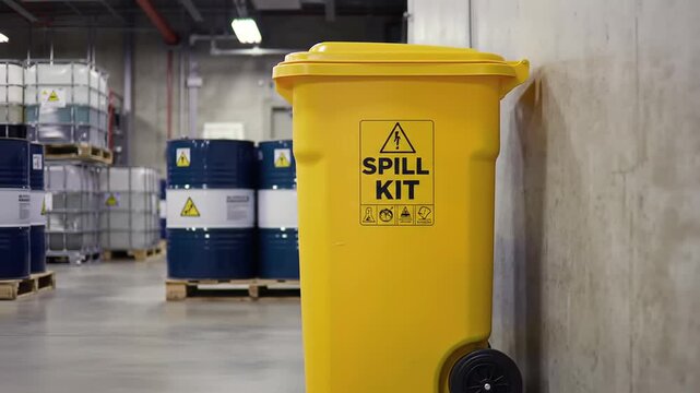 This eye-level, wide-angle shot showcases a yellow spill kit container, positioned beside a gray concrete wall in a warehouse, complete with barrels