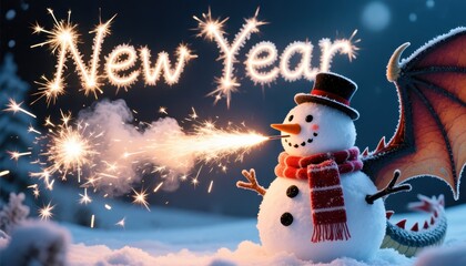 Friendly snowman with sparklers and dragon companion celebrating the new year