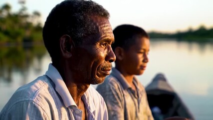 poor african father and son during fishing trip on calm lake on sunny day. man helps child with gear. concept of family bonding, outdoor recreation. travel, belize national day