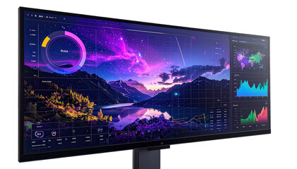Large display screen showcases data visualizations, colorful charts, and a serene landscape featuring a reflective lake and mountains under a starry night sky with gradient hues.