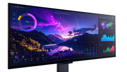 Large display screen showcases data visualizations, colorful charts, and a serene landscape featuring a reflective lake and mountains under a starry night sky with gradient hues.