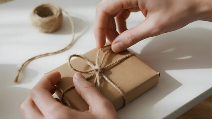 Careful gift wrapping with twine for special occasion presentation