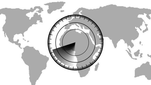 Digital searching system animation, black color Rader searching security concept animation icon,on a map and white background .