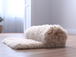 Soft beige faux fur rug rolled on wooden floor in bright room, creating cozy and warm atmosphere with plush texture