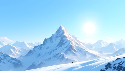 Fototapeta premium The illustration depicts a majestic snowy mountain peak reaching towards a clear blue sky, with the sun casting a soft, warm glow over the untouched landscape