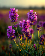 Obraz premium Close-up of vibrant purple lavender flowers in a field at sunset.