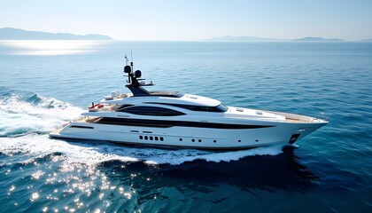 Fototapeta premium A sleek and elegant superyacht with a pristine white exterior glides effortlessly through the sparkling blue waters of the open sea