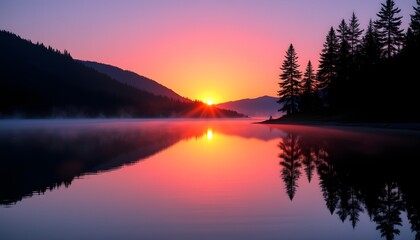 Obraz premium A tranquil lake, its surface smooth as glass, mirrors the vibrant hues of the setting sun as it dips below the horizon, casting a warm glow on the surrounding pine trees.