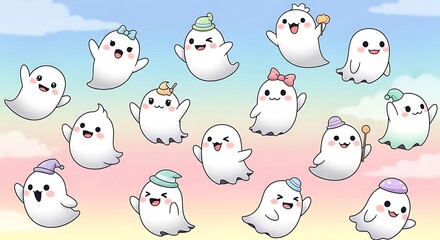 Cute Adorable Ghosts Adorning a Pastel Colored Sky Background