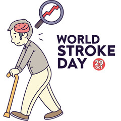 World Stroke Day Awareness Illustration of Elderly Person Walking with Cane and Magnifying Glass