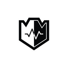 Vector illustration of a shield icon with a heartbeat line symbol in the center, designed in a clean black and white style. This emblem represents protection, security, health care, medical safety, an