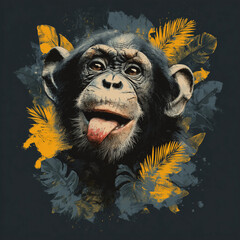 Artistic portrait of a playful monkey with tongue out, surrounded by decorative strokes and tropical leaves in bright colors