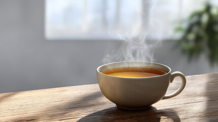 Fototapeta premium Steaming cup of herbal tea in ceramic cup on wooden table with soft natural light creating warm and cozy atmosphere