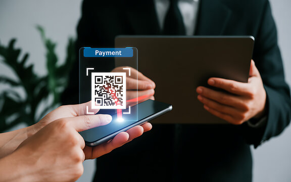 Businessman using smartphone to scan qr code for payment transaction online