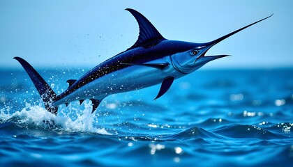 Obraz premium A majestic marlin, highlighted by the sunlight reflecting off its shimmering scales, leaps gracefully from the crystal clear water