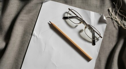 Paper, pencil, and glasses on a gray surface.