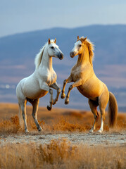 Naklejka premium Two stunning horses, one white and one palomino, rise on their hind legs in a display of power and grace against a backdrop of soft, golden light and distant mountains.