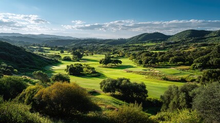 fairway. Vast green golf course under bright sunlight, capturing the tranquility of open landscapes. travel magazines, destination branding, designed for outdoor magazines and nature guides.
