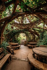 A rustic outdoor dining area beneath a natural wooden canopy, featuring circular wooden tables and benches, evoking a serene and tranquil ambiance.