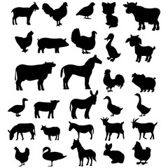 Farm Animals and Birds Silhouettes Illustration Rooster, Horses, Dog, Goat, Cow, Eagle