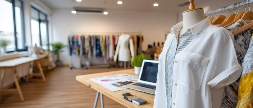 Fashion design studio showcasing modern clothing and creative workspace in bright, organized environment
