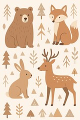 Naklejka premium Playful Animals - Bear, Fox, Deer, Rabbit in a Whimsical Forest Illustration