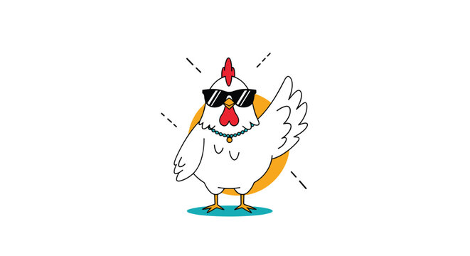 A cool chicken wearing sunglasses and a necklace poses confidently.