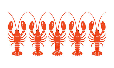  Lobster Row with Two Antennae Minimal Red Seafood Vector illustration on White, ocean food, easily editable and scalable.