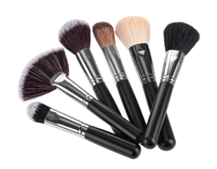 Makeup brushes are arranged in a semi-circle against a dark background, showcasing their variety in shape, size, and bristle color.