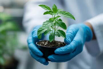 Scientist holding growing plant in pot with gloved hands for biotechnology or pharmaceutical research