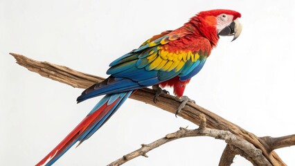 Fototapeta premium Colorful Macaw parrot with vibrant red, blue, and yellow feathers perched gracefully on a branch, isolated on a clean white studio background with sharp focus