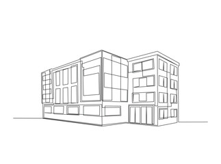 Building architecture in single outline illustration. Continuous line art drawing of modern building construction. Editable stroke.