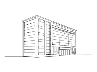 Building architecture in single outline illustration. Continuous line art drawing of modern building construction. Editable stroke.