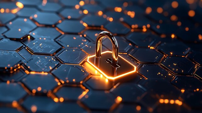 Glowing open padlock on futuristic hexagonal grid isolated on white background - Powered by Adobe