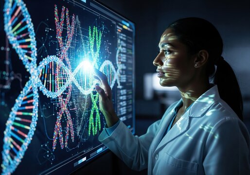 Geneticist interacting with digital genome map on futuristic screen, laboratory - Powered by Adobe