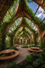 An enchanting outdoor dining area, nestled beneath a canopy of lush greenery and wooden arches, creates a serene and peaceful atmosphere.