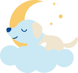 Cute puppy sleeping peacefully on a cloud under the moon and stars illustration
