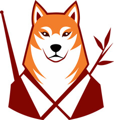 Shiba inu samurai logo with spear and bamboo branch on a white background design