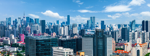Modern office buildings and skyscrapers and city skyline in Shanghai, China.