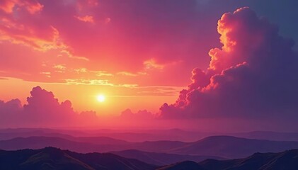 Vibrant sunset panorama; fiery pink, orange, yellow cloudscape , high resolution, stock
