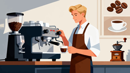 The barista is making coffee. Cartoon hand-drawn vector illustration